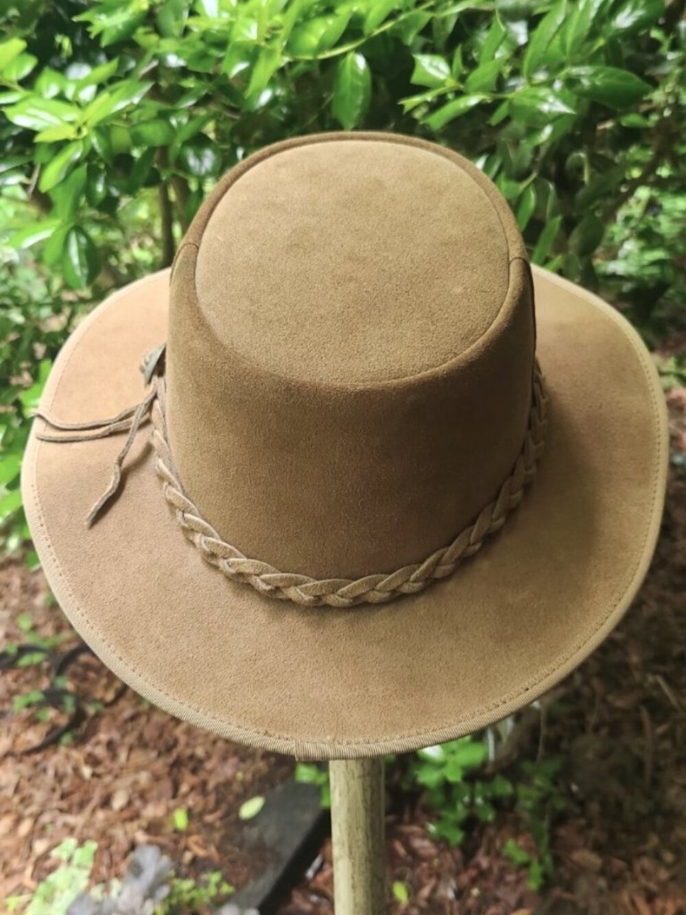 Unisex Suede Flat Top Hat/ Wide Brim/ Braided Band with Concho